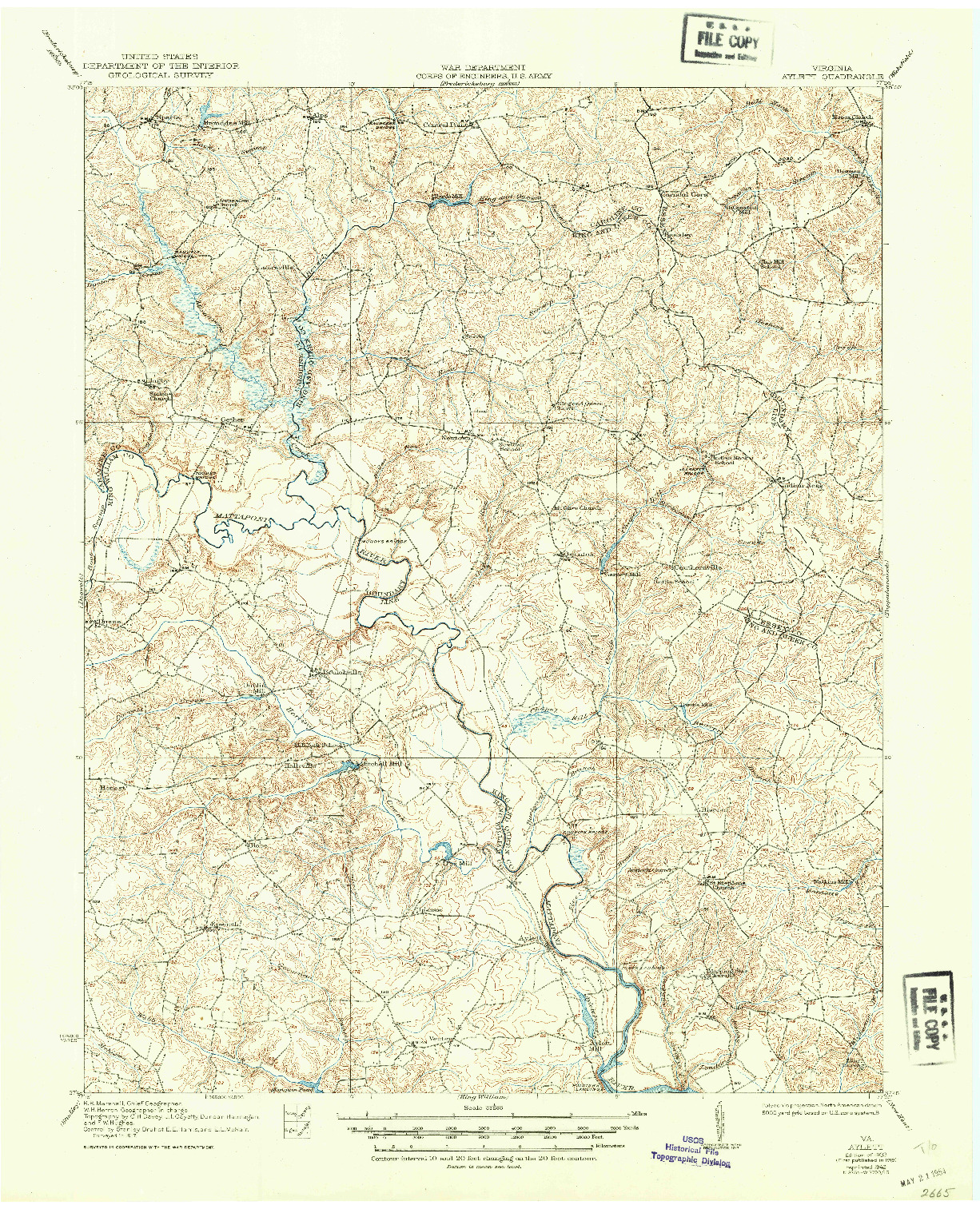 USGS 1:62500-SCALE QUADRANGLE FOR AYLETT, VA 1933