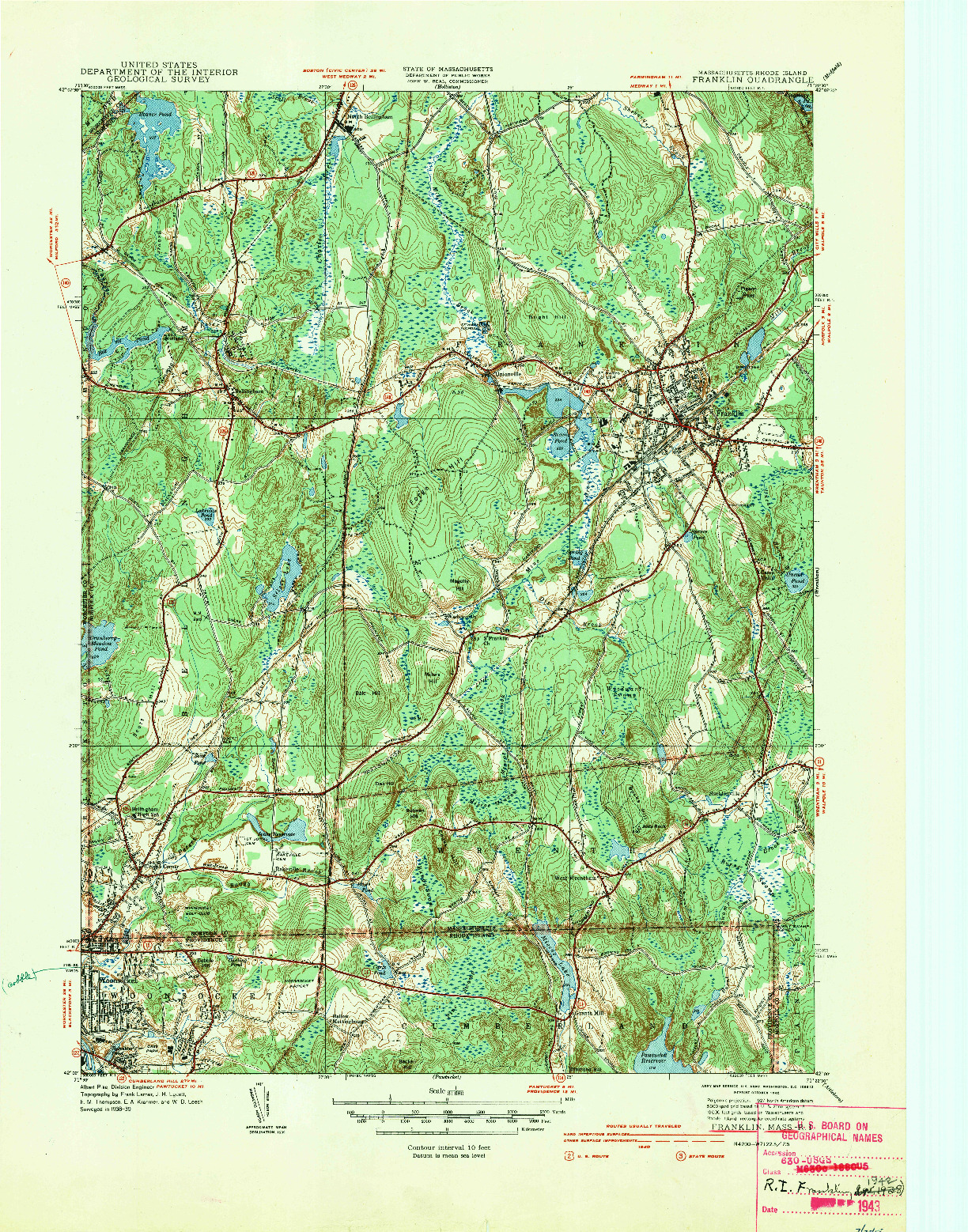 USGS 1:31680-SCALE QUADRANGLE FOR FRANKLIN, MA 1939