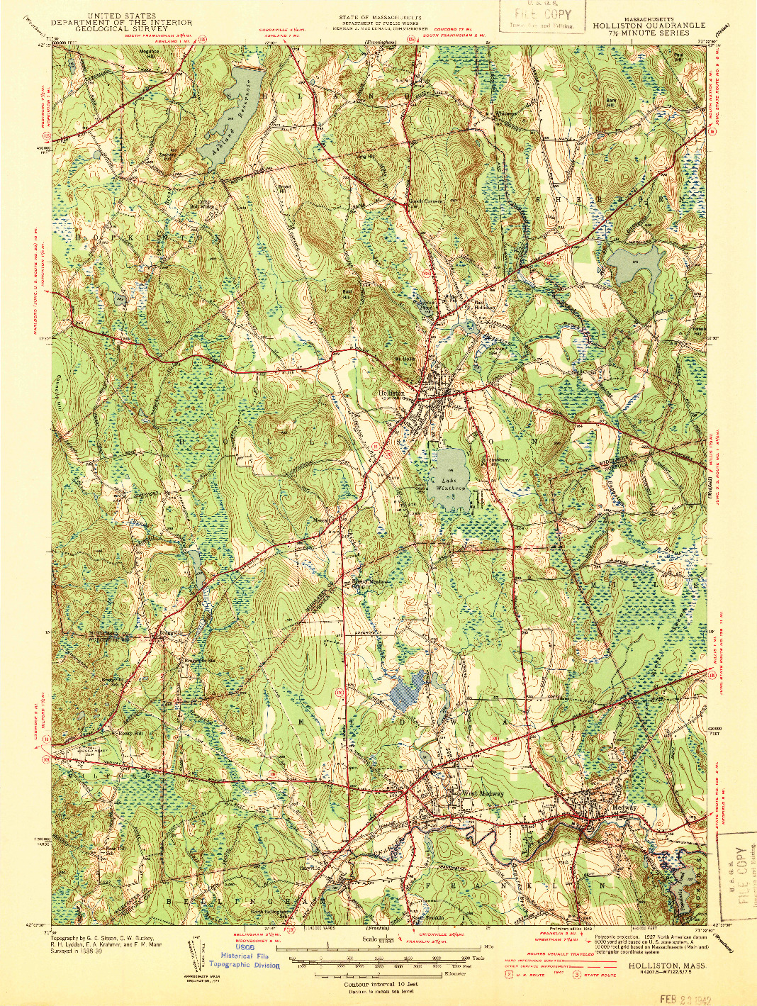 USGS 1:31680-SCALE QUADRANGLE FOR HOLLISTON, MA 1942