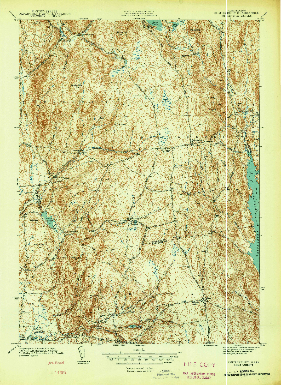 USGS 1:31680-SCALE QUADRANGLE FOR SHUTESBURY, MA 1942