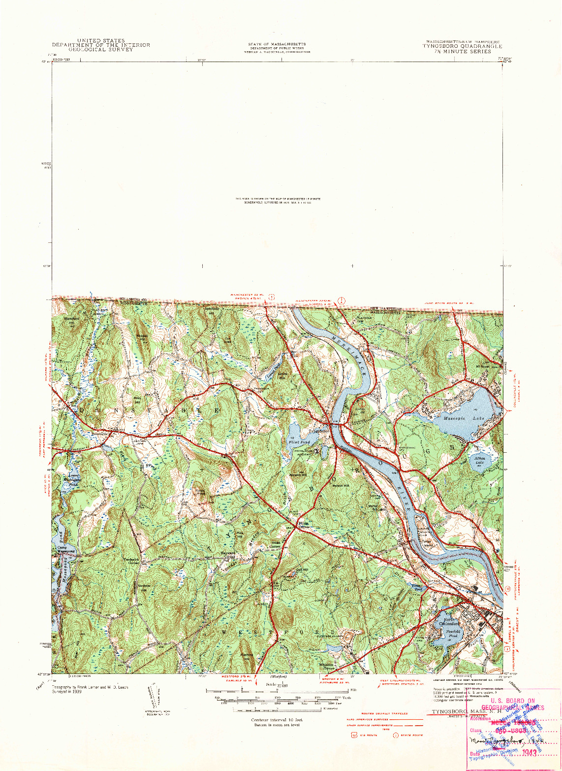 USGS 1:31680-SCALE QUADRANGLE FOR TYNGSBORO, MA 1942