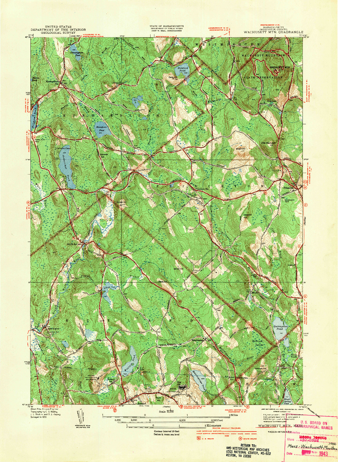 USGS 1:31680-SCALE QUADRANGLE FOR WACHUSETT MTN, MA 1942