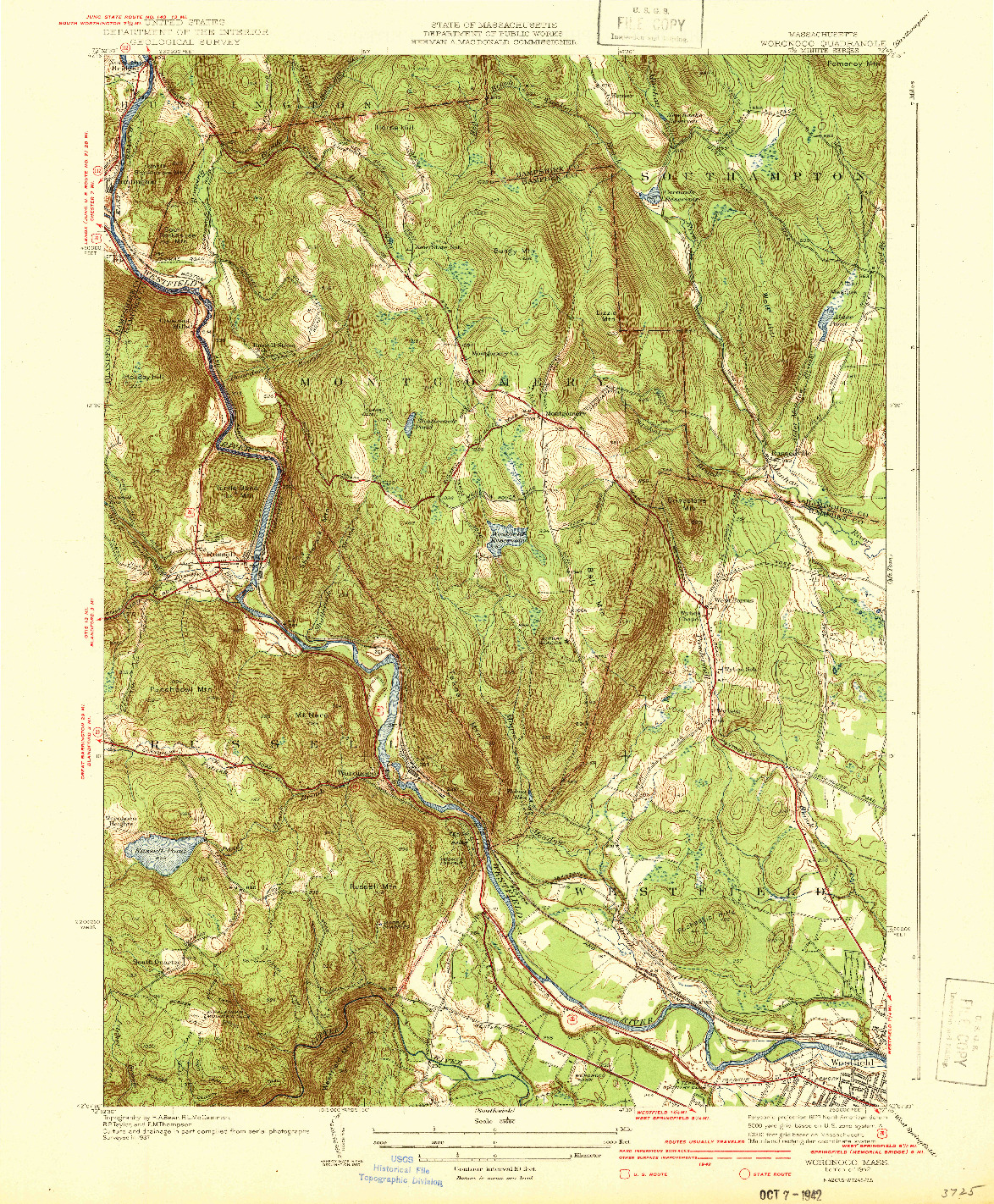 USGS 1:31680-SCALE QUADRANGLE FOR WORONOCO, MA 1942