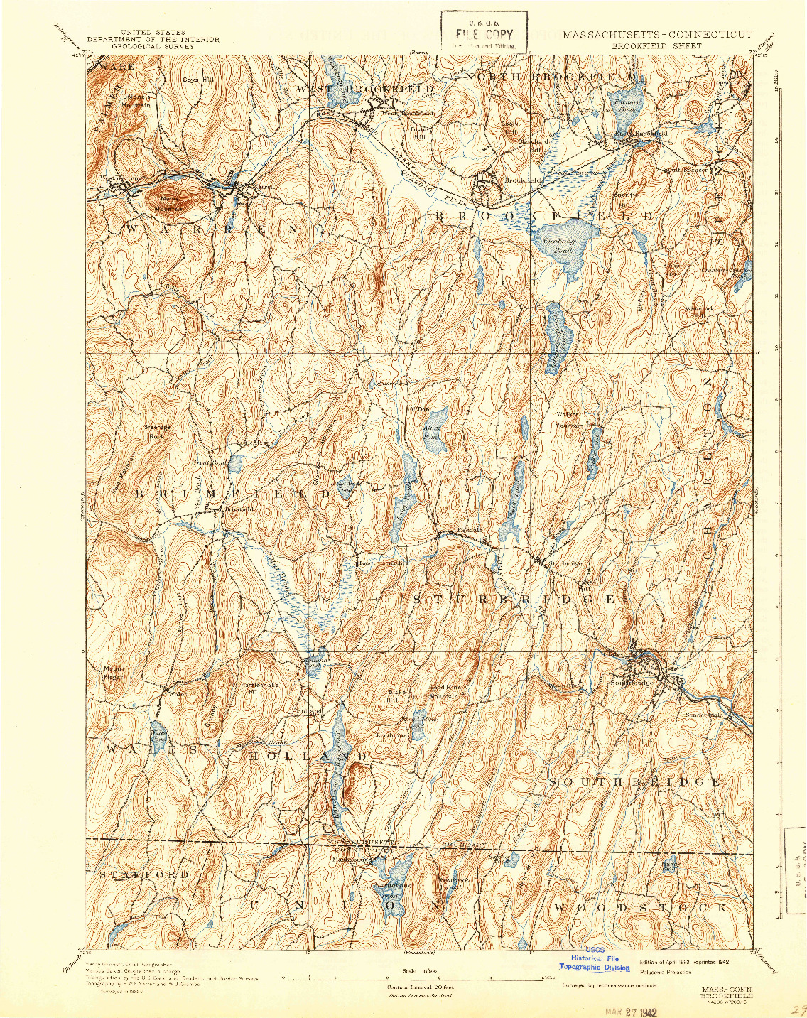 USGS 1:62500-SCALE QUADRANGLE FOR BROOKFIELD, MA 1893