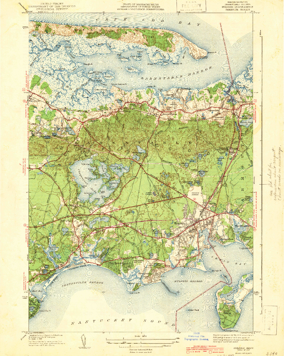 USGS 1:31680-SCALE QUADRANGLE FOR HYANNIS, MA 1942