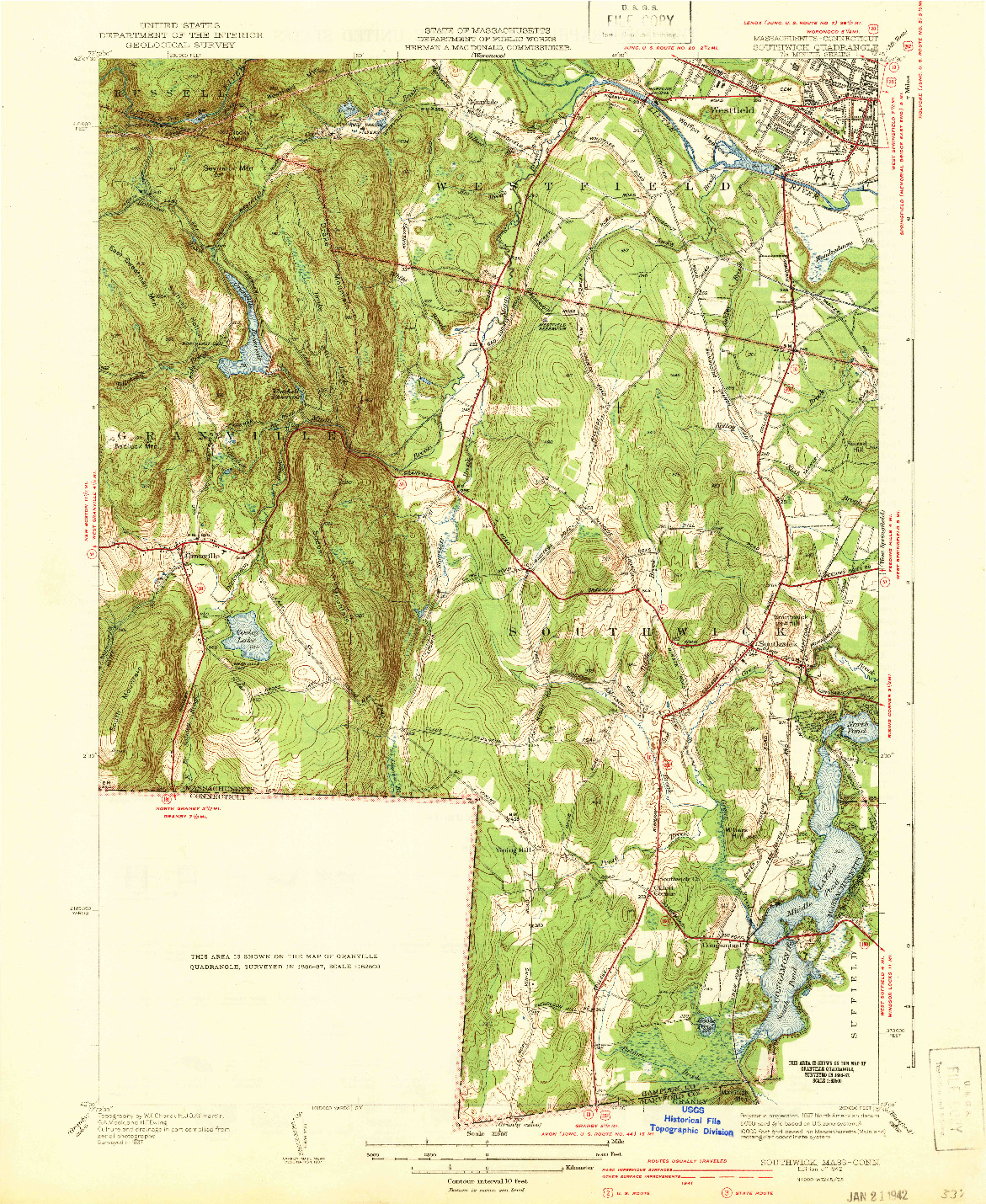 USGS 1:31680-SCALE QUADRANGLE FOR SOUTHWICK, MA 1942