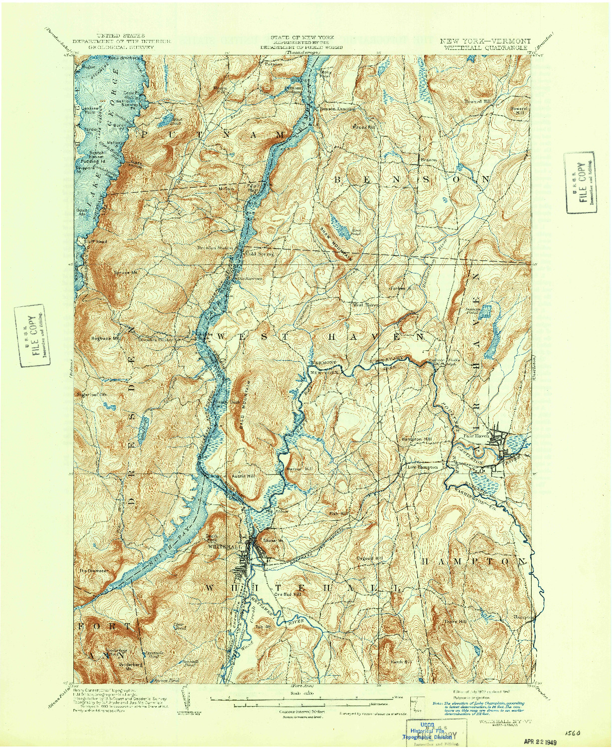 USGS 1:62500-SCALE QUADRANGLE FOR WHITEHALL, NY 1902