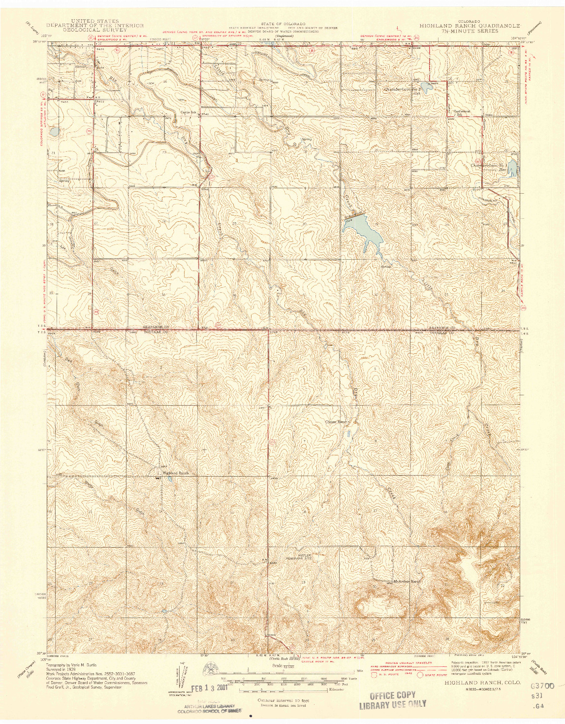 USGS 1:31680-SCALE QUADRANGLE FOR HIGHLAND RANCH, CO 1942