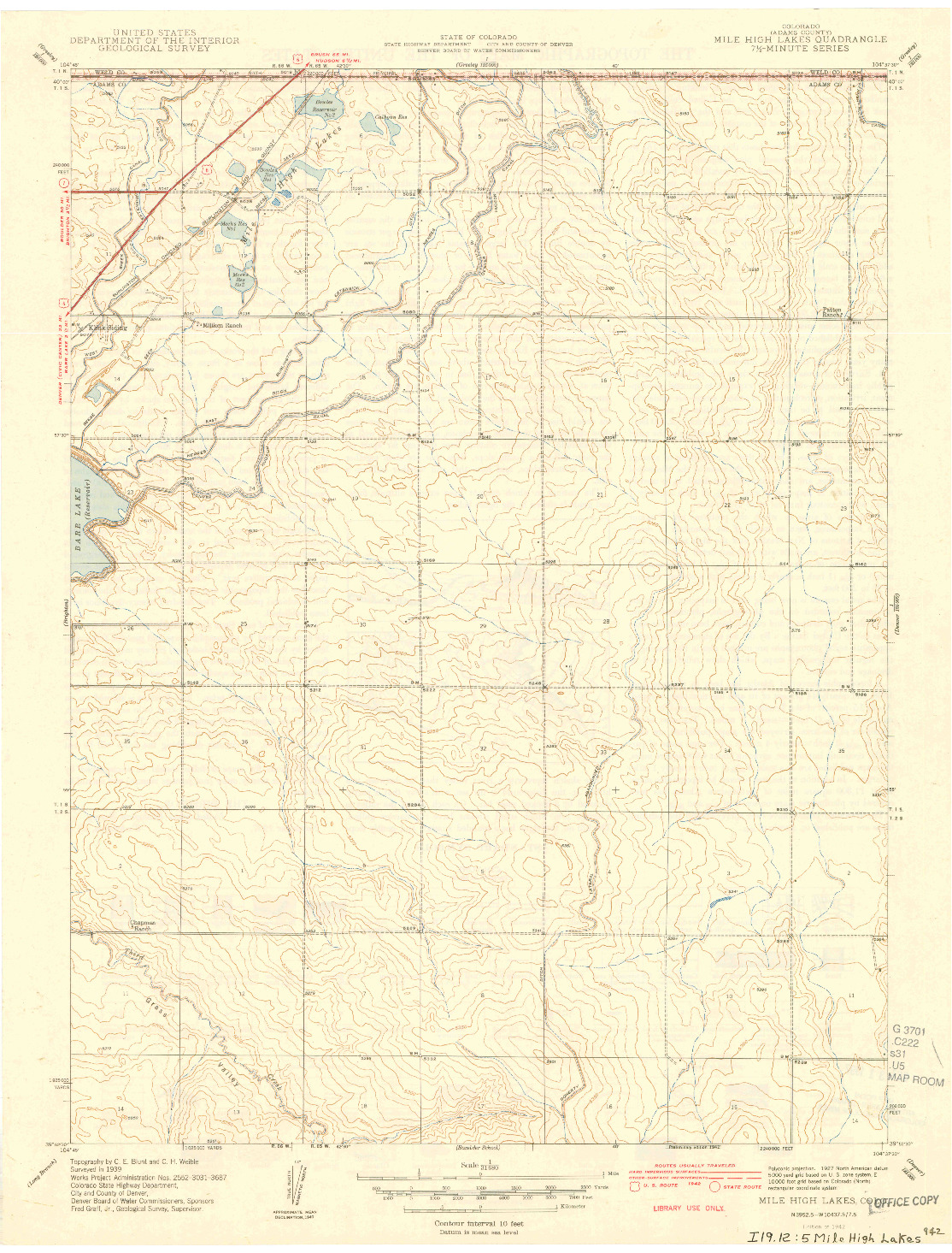 USGS 1:31680-SCALE QUADRANGLE FOR MILE HIGH LAKES, CO 1942