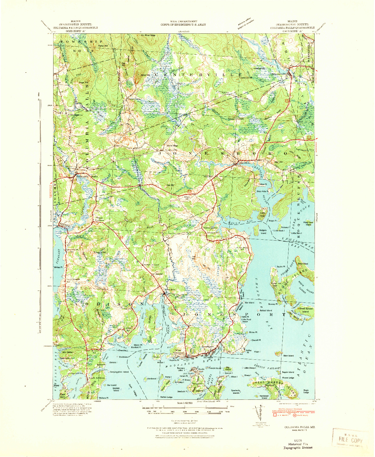 USGS 1:62500-SCALE QUADRANGLE FOR COLUMBIA FALLS, ME 1942