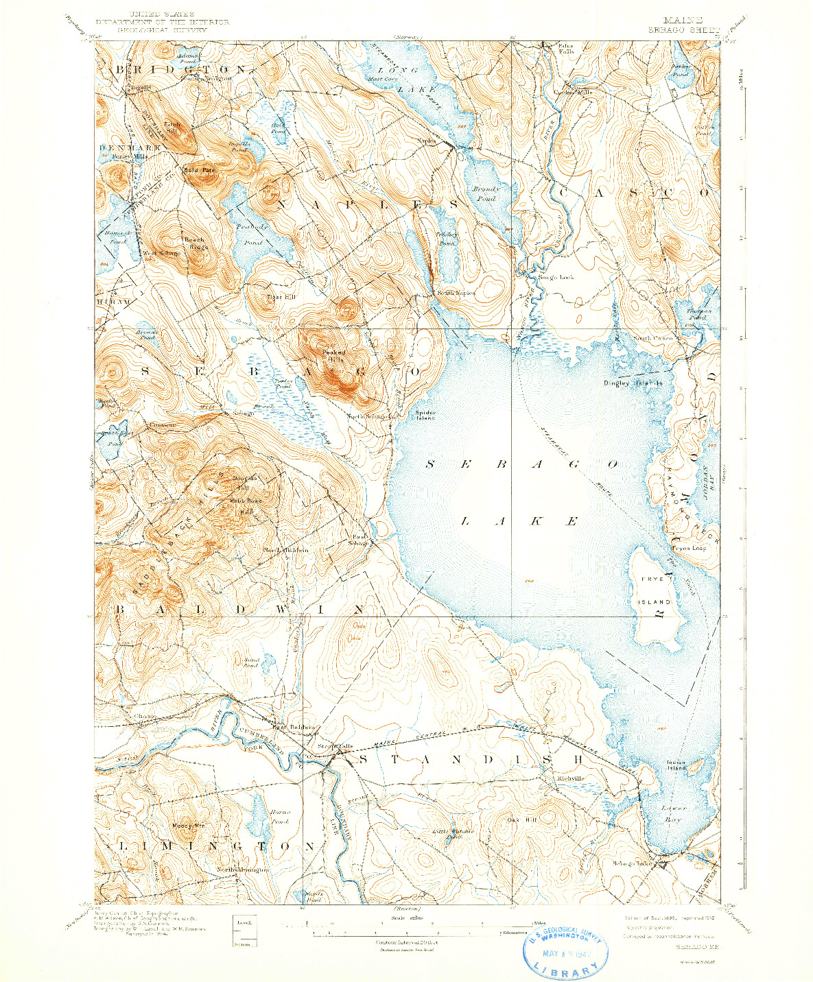 USGS 1:62500-SCALE QUADRANGLE FOR SEBAGO, ME 1896