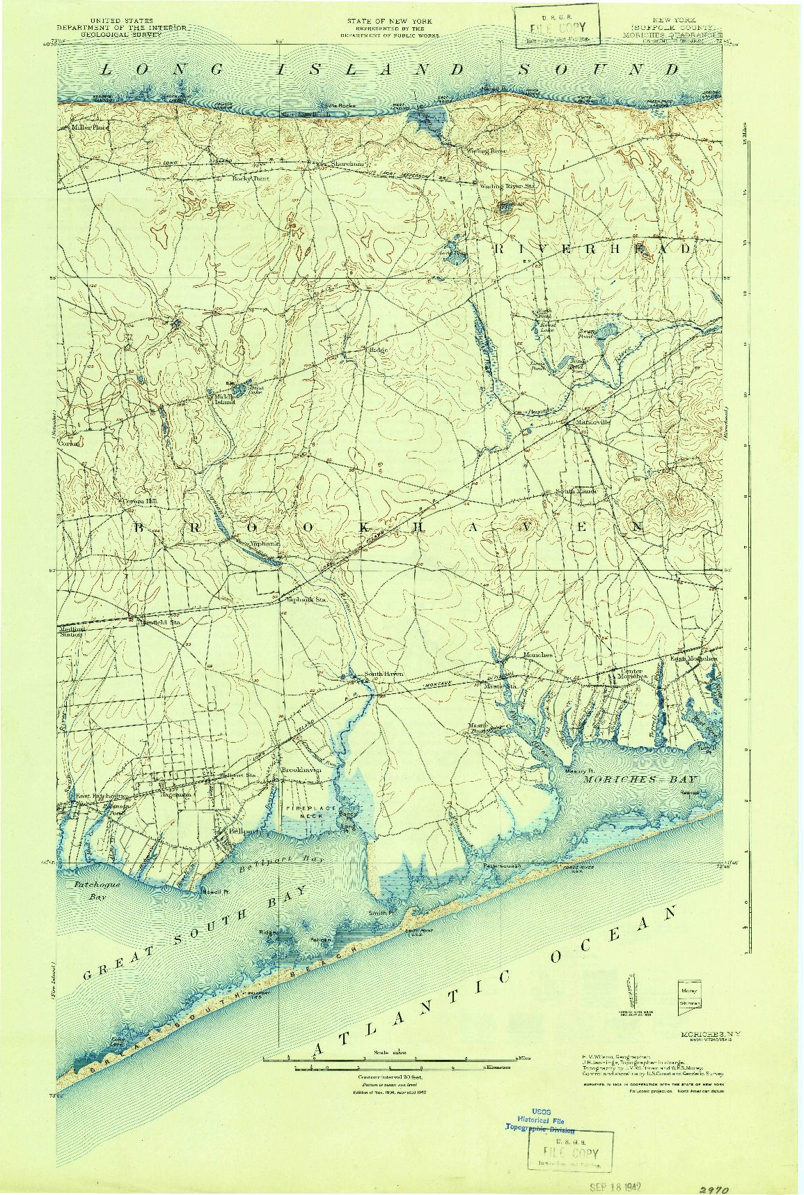 USGS 1:62500-SCALE QUADRANGLE FOR MORICHES, NY 1904