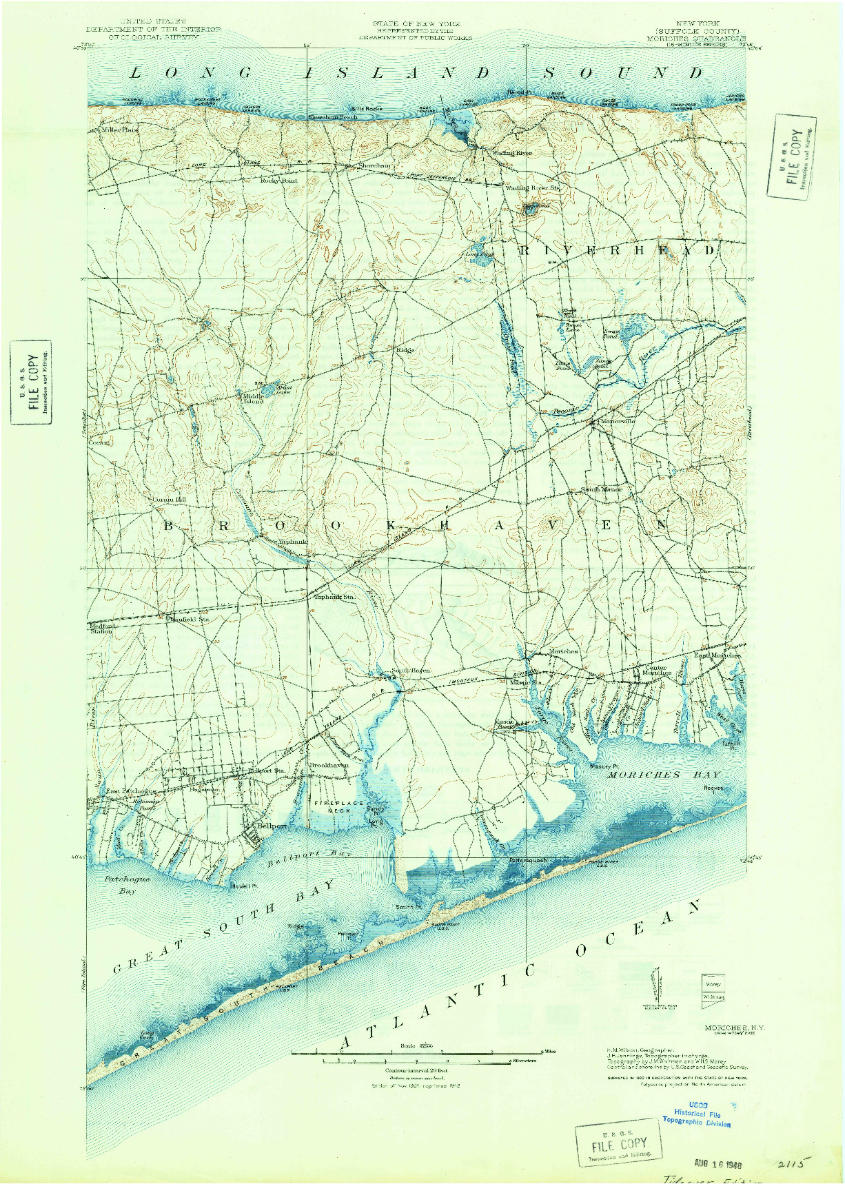 USGS 1:62500-SCALE QUADRANGLE FOR MORICHES, NY 1904