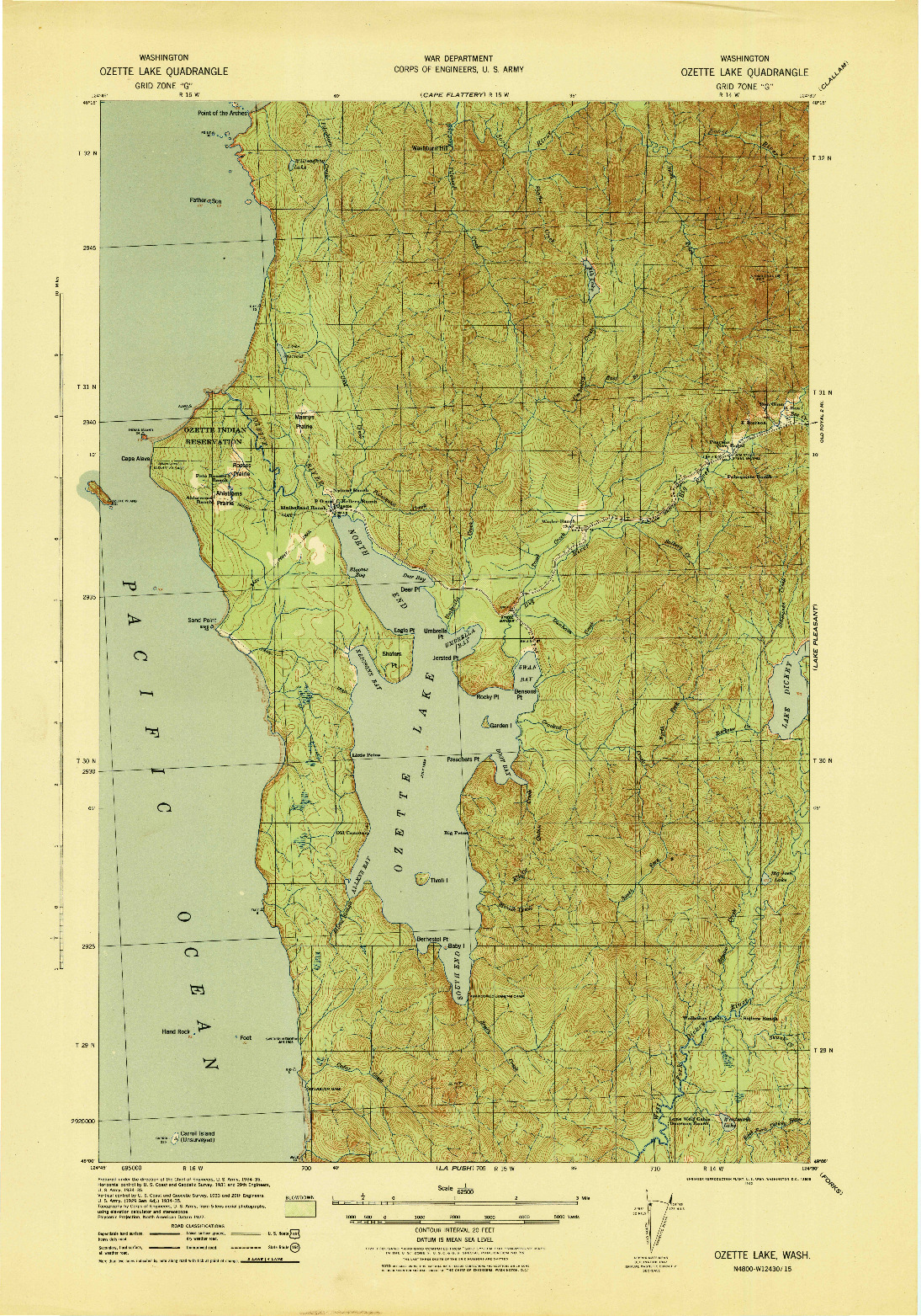 USGS 1:62500-SCALE QUADRANGLE FOR OZETTE LAKE, WA 1942