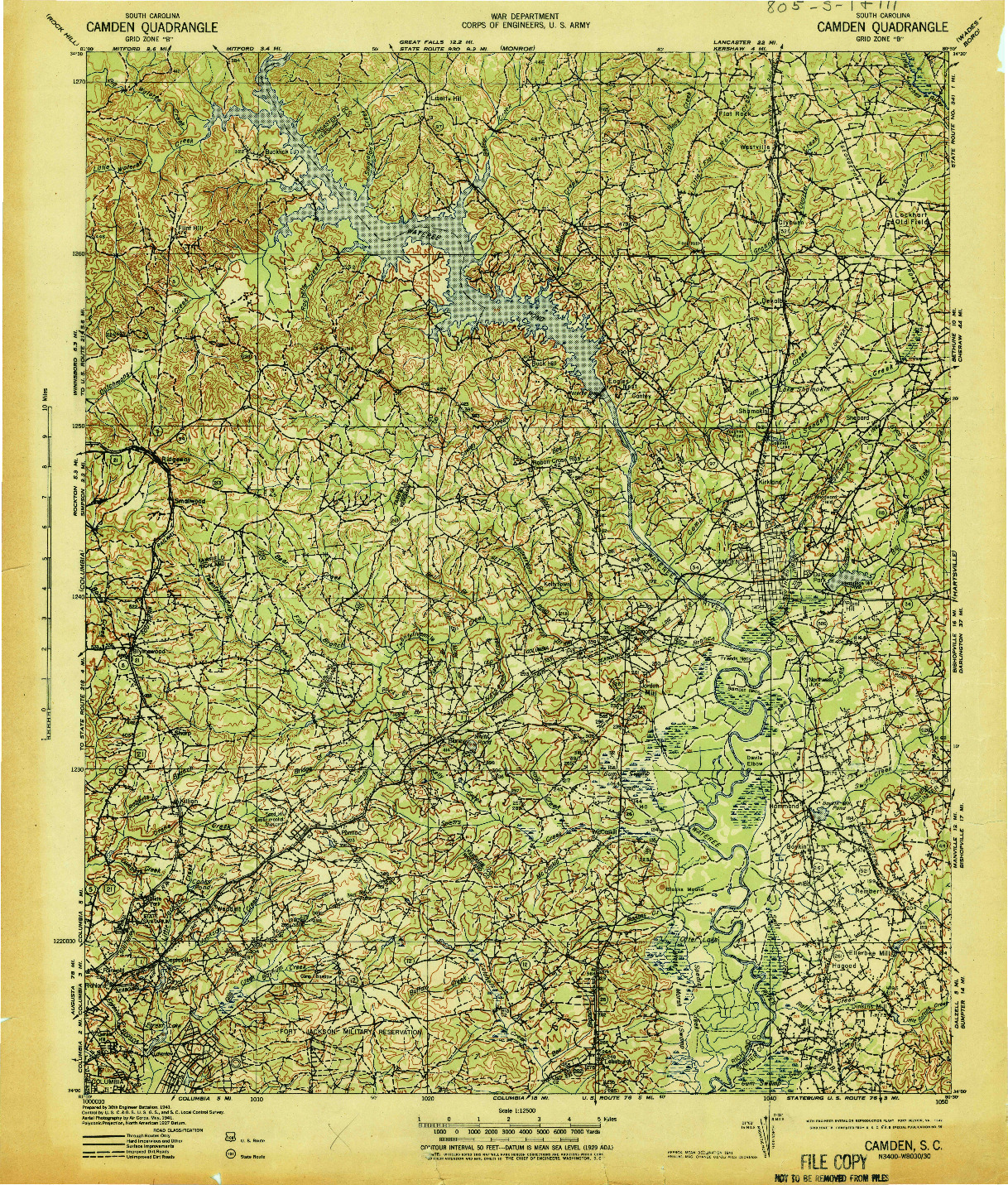 USGS 1:125000-SCALE QUADRANGLE FOR CAMDEN, SC 1942