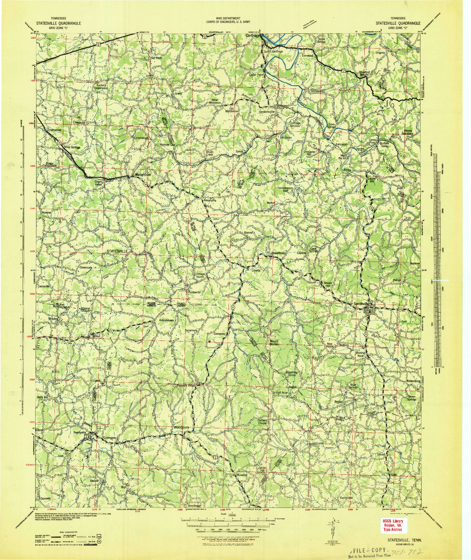 USGS 1:100000-SCALE QUADRANGLE FOR STATESVILLE, TN 1942