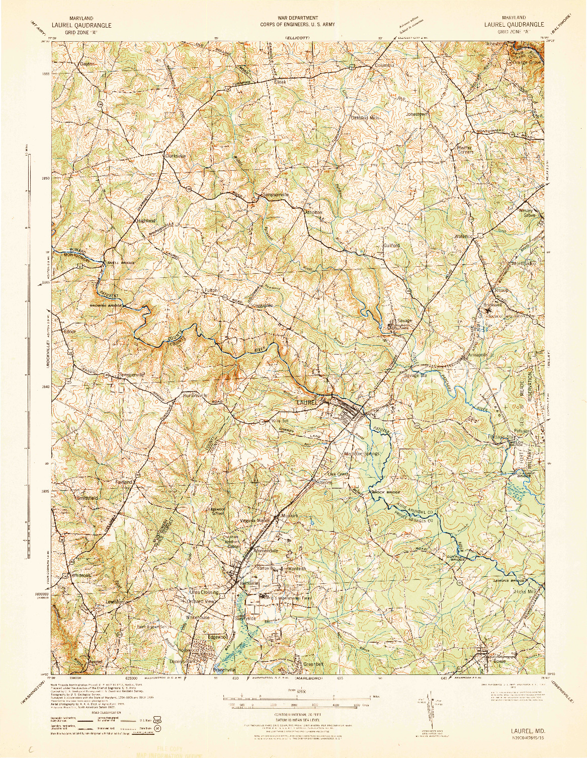 USGS 1:62500-SCALE QUADRANGLE FOR LAUREL, MD 1942