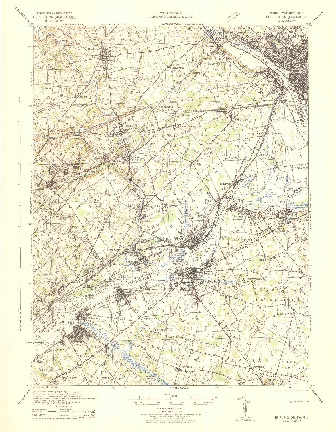 USGS 1:62500-SCALE QUADRANGLE FOR BURLINGTON, PA 1942