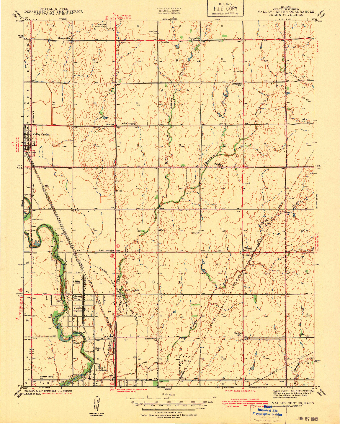 USGS 1:31680-SCALE QUADRANGLE FOR VALLEY CENTER, KS 1942