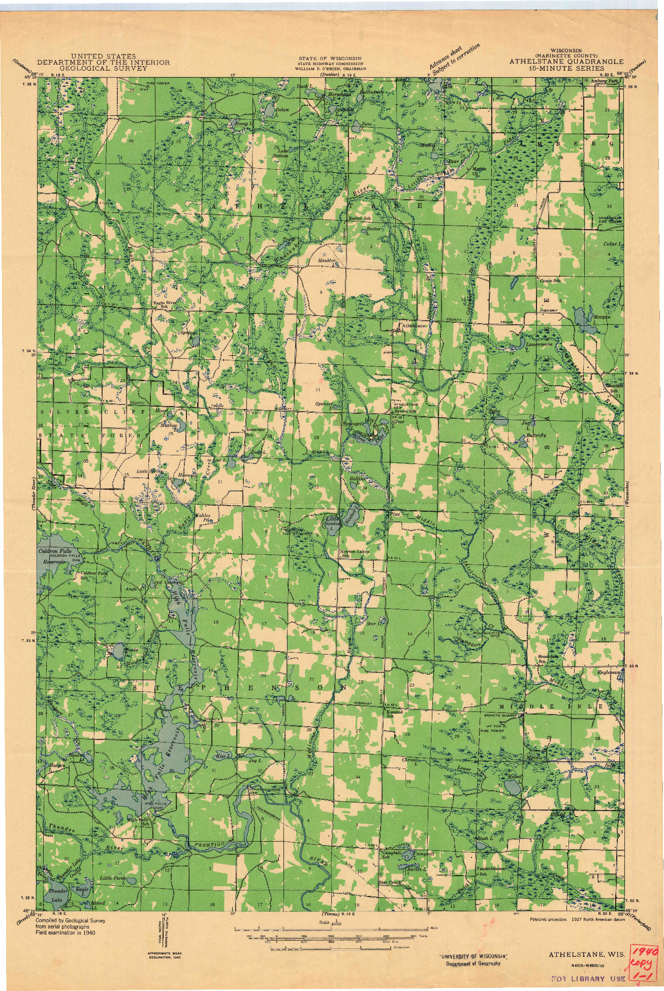 USGS 1:48000-SCALE QUADRANGLE FOR ATHELSTANE, WI 1942