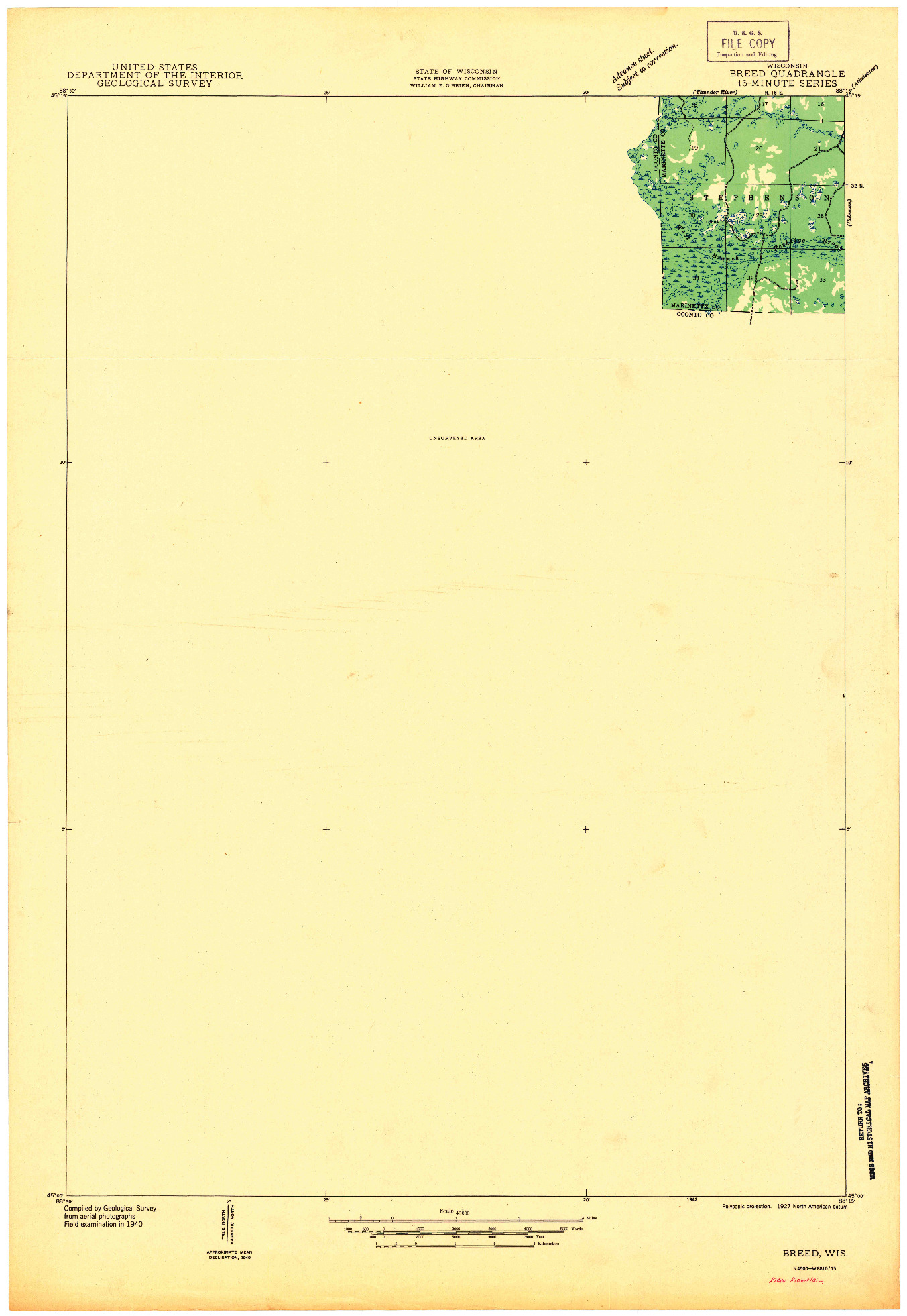 USGS 1:48000-SCALE QUADRANGLE FOR BREED, WI 1942