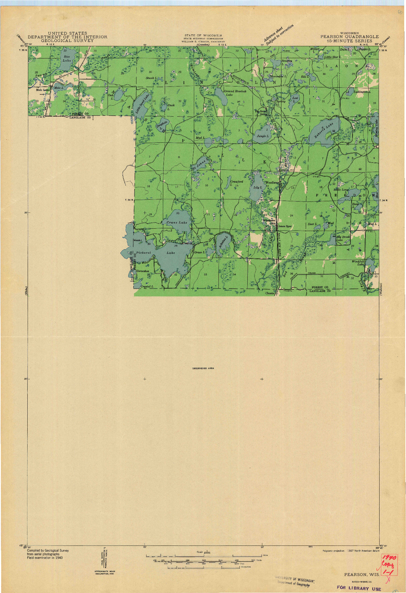 USGS 1:48000-SCALE QUADRANGLE FOR PEARSON, WI 1942