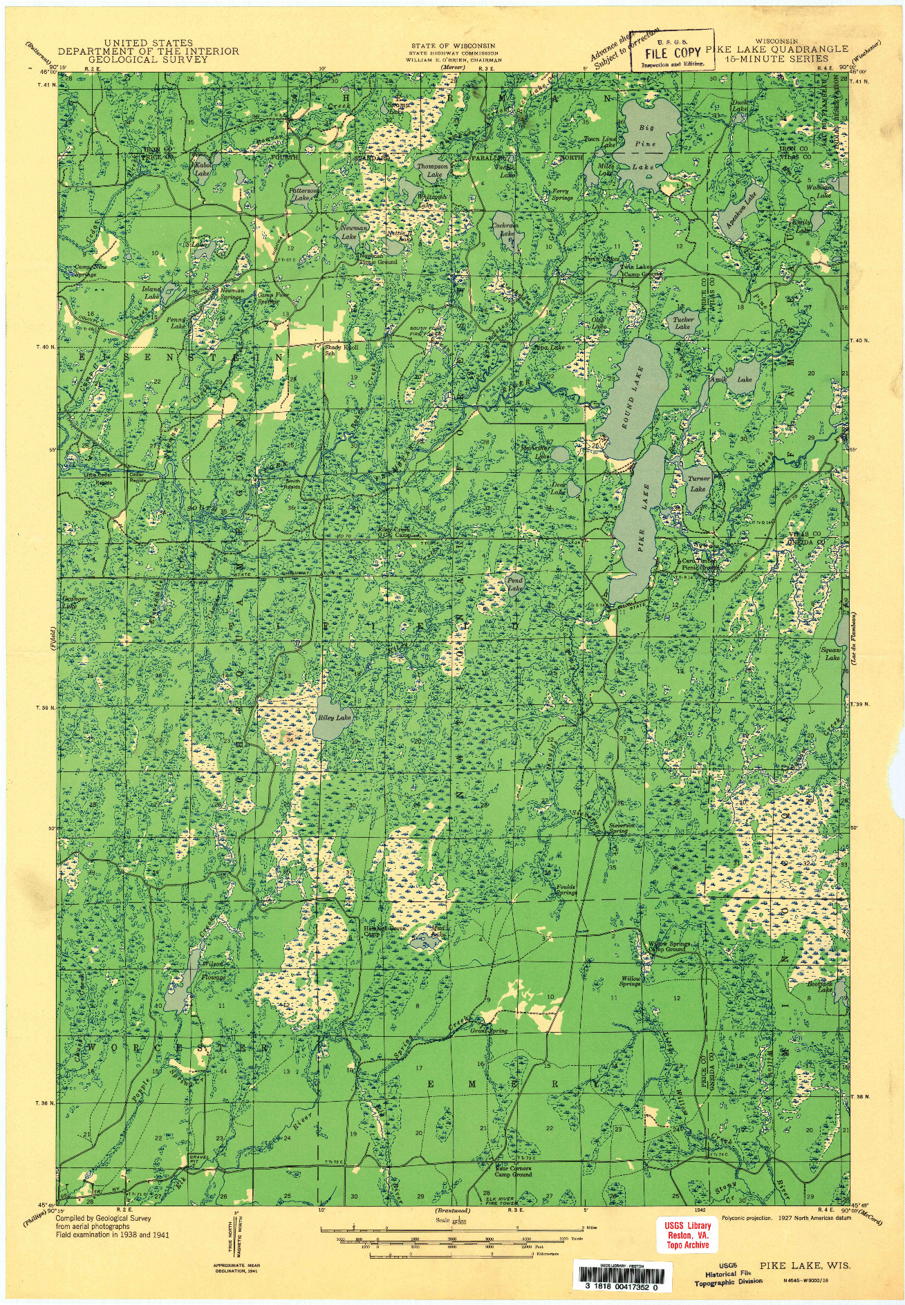 USGS 1:48000-SCALE QUADRANGLE FOR PIKE LAKE, WI 1942