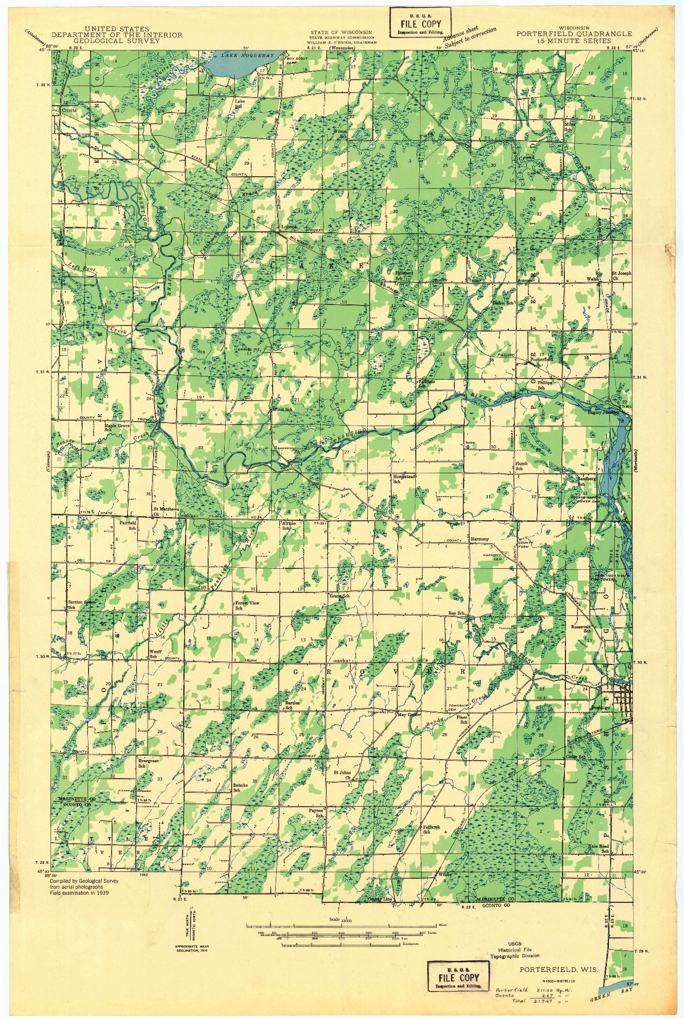 USGS 1:48000-SCALE QUADRANGLE FOR PORTERFIELD, WI 1942