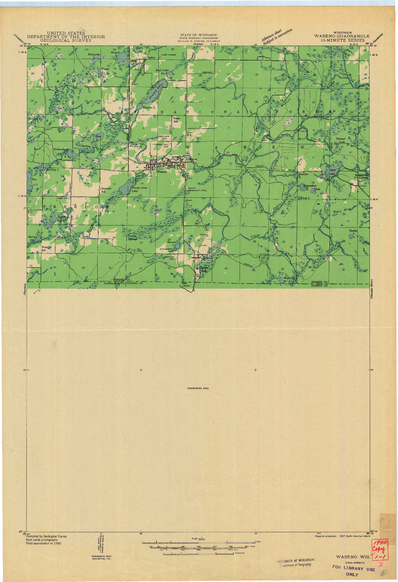 USGS 1:48000-SCALE QUADRANGLE FOR WABENO, WI 1942