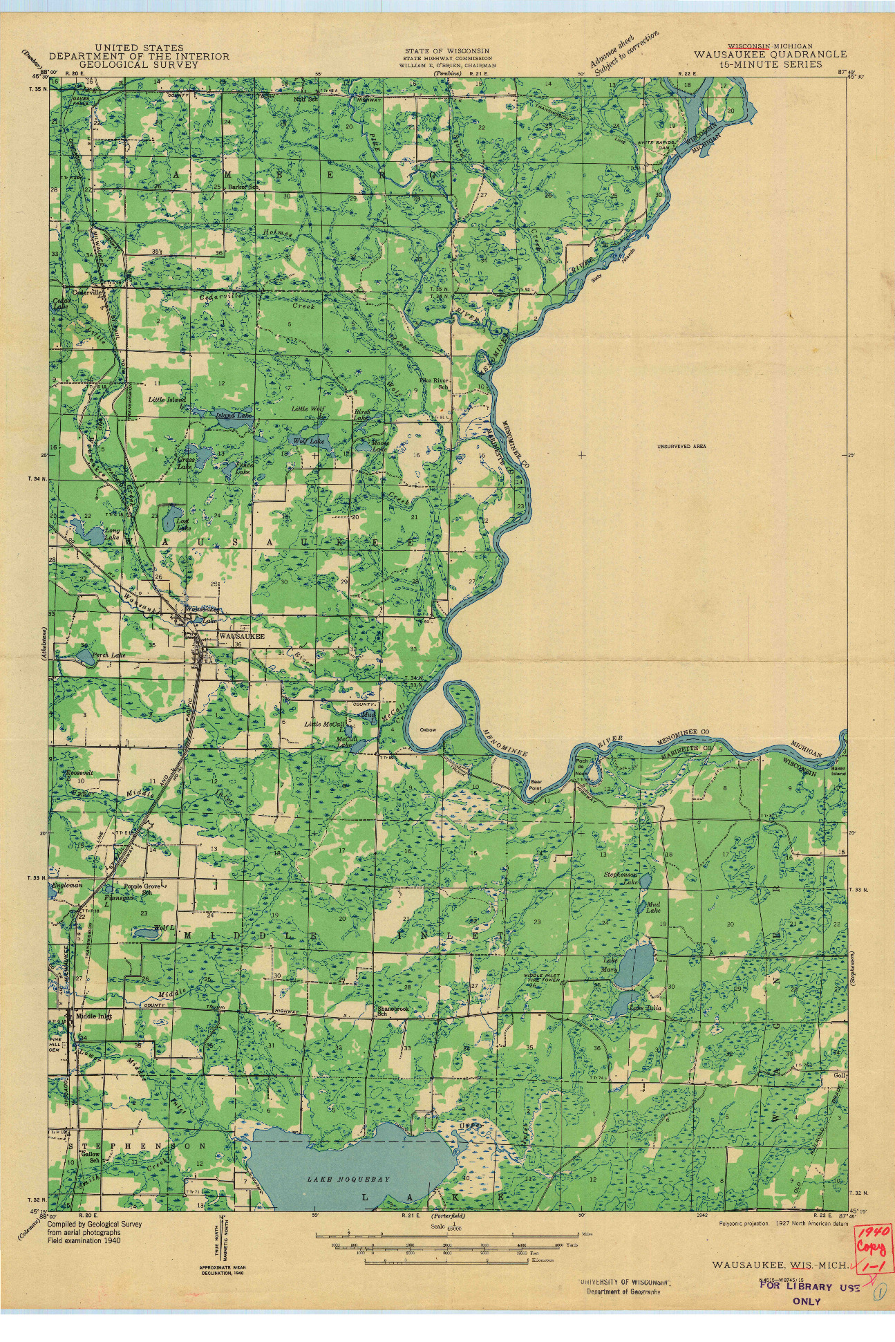 USGS 1:48000-SCALE QUADRANGLE FOR WAUSAUKEE, WI 1942
