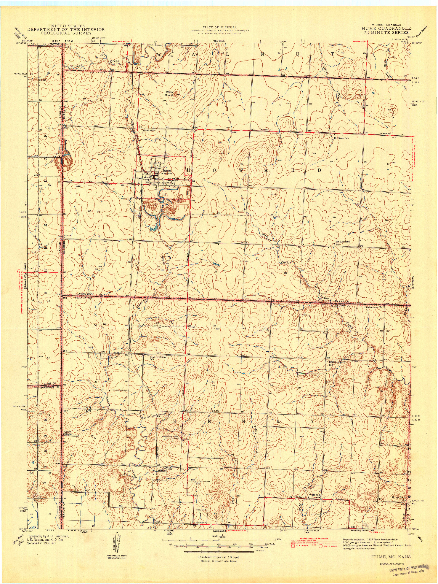 USGS 1:24000-SCALE QUADRANGLE FOR HUME, MO 1942