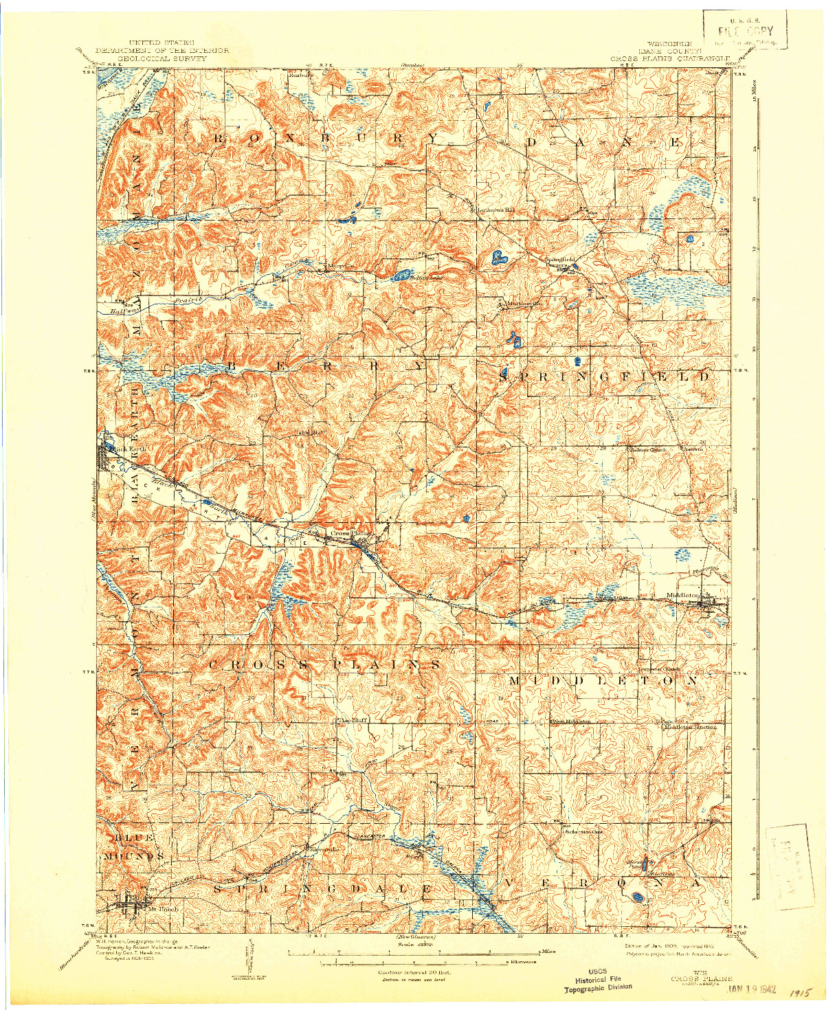 USGS 1:62500-SCALE QUADRANGLE FOR CROSS PLAINS, WI 1909