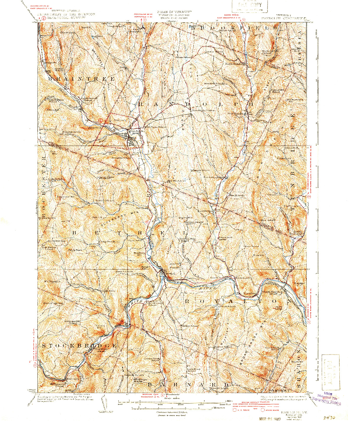 USGS 1:62500-SCALE QUADRANGLE FOR RANDOLPH, VT 1926