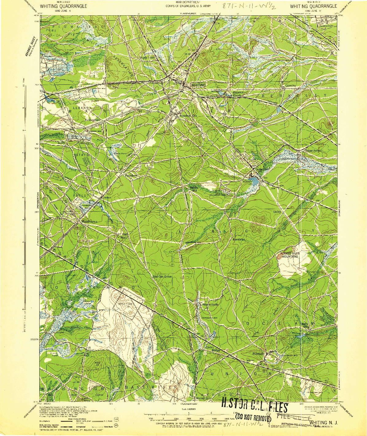 USGS 1:62500-SCALE QUADRANGLE FOR WHITING, NJ 1942