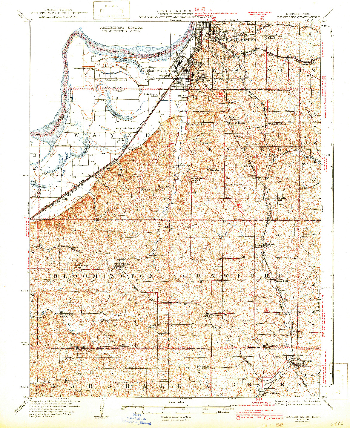 USGS 1:62500-SCALE QUADRANGLE FOR DEARBORN, MO 1927