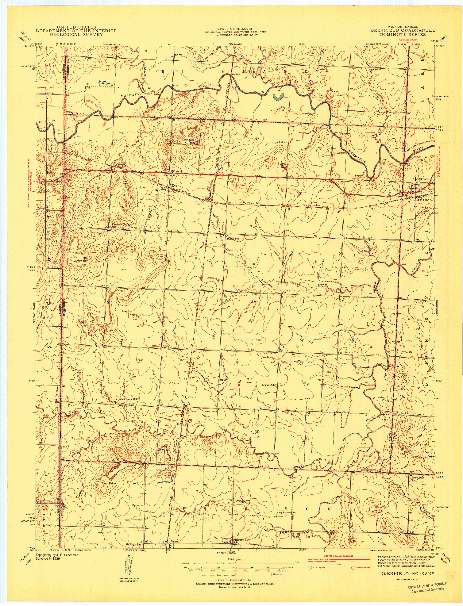 USGS 1:24000-SCALE QUADRANGLE FOR DEERFIELD, MO 1942