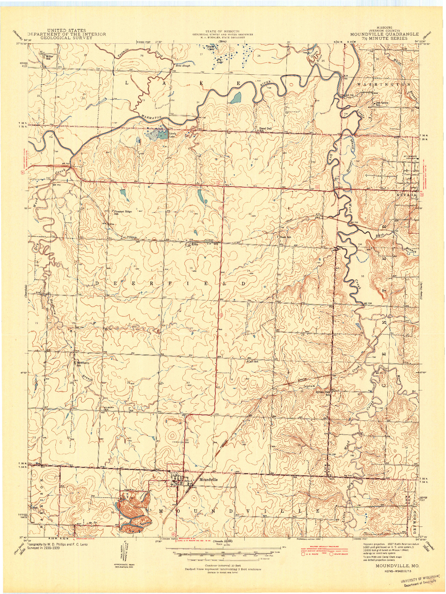 USGS 1:24000-SCALE QUADRANGLE FOR MOUNDVILLE, MO 1942