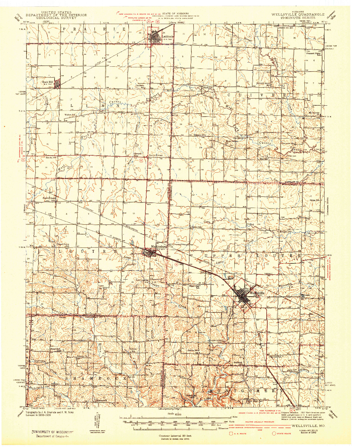USGS 1:62500-SCALE QUADRANGLE FOR WELLSVILLE, MO 1942