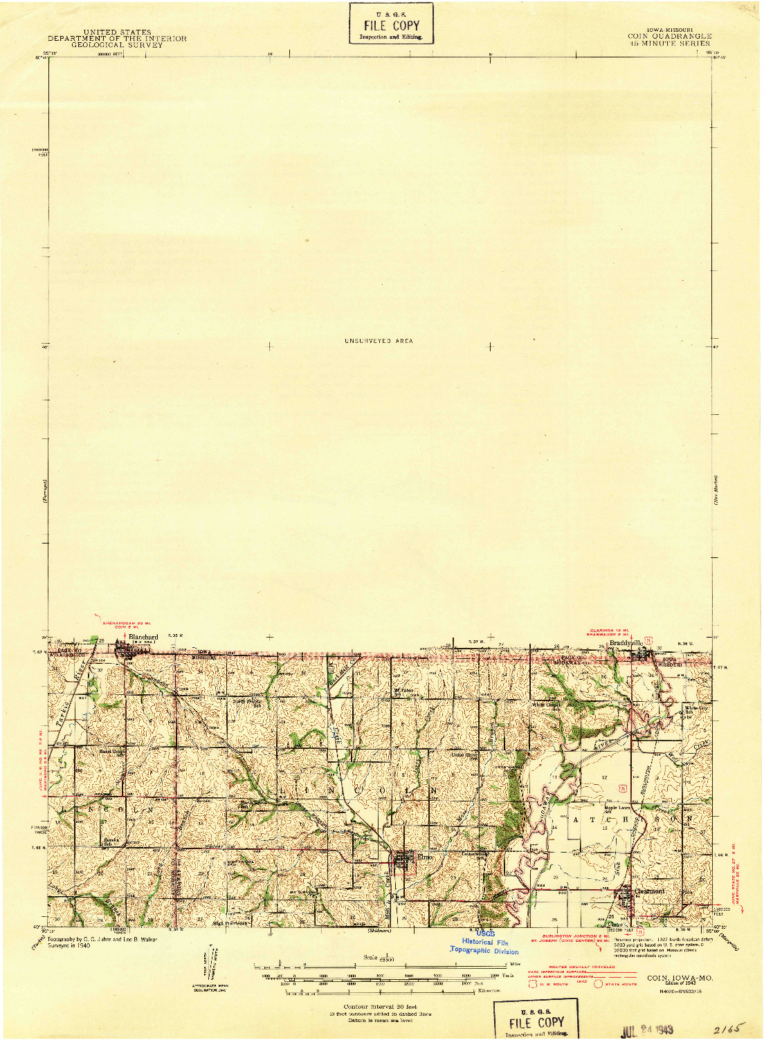 USGS 1:62500-SCALE QUADRANGLE FOR COIN, IA 1943