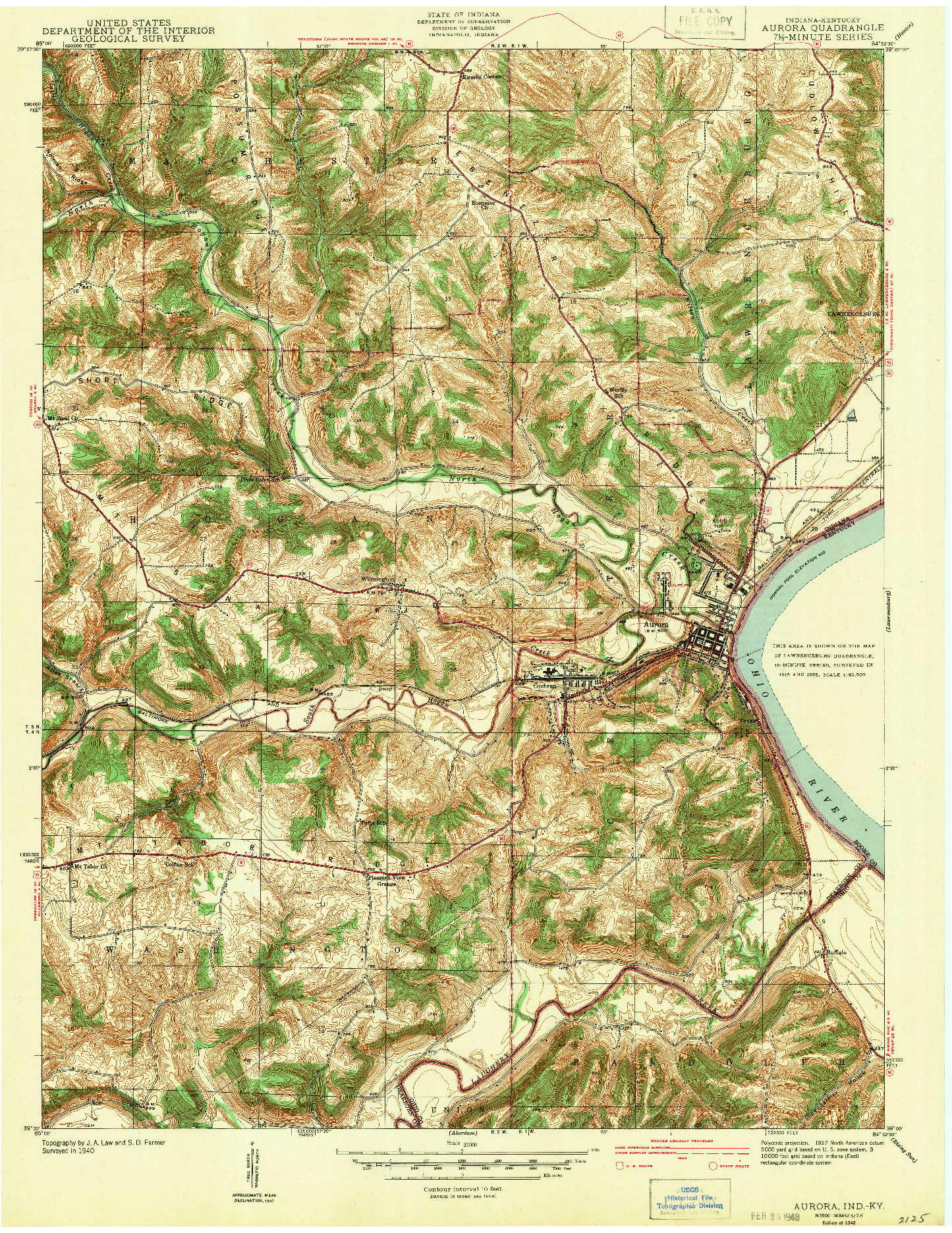 USGS 1:24000-SCALE QUADRANGLE FOR AURORA, IN 1943
