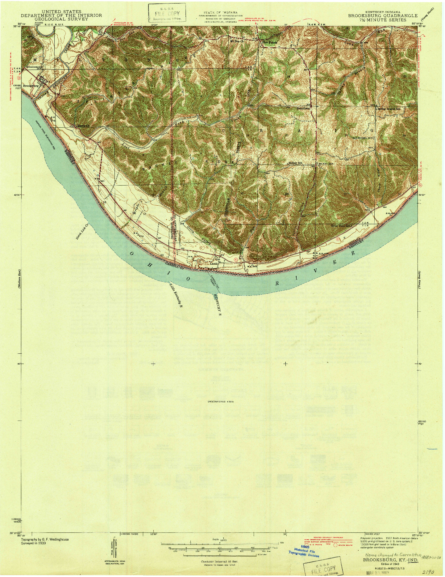 USGS 1:24000-SCALE QUADRANGLE FOR BROOKSBURG, IN 1943