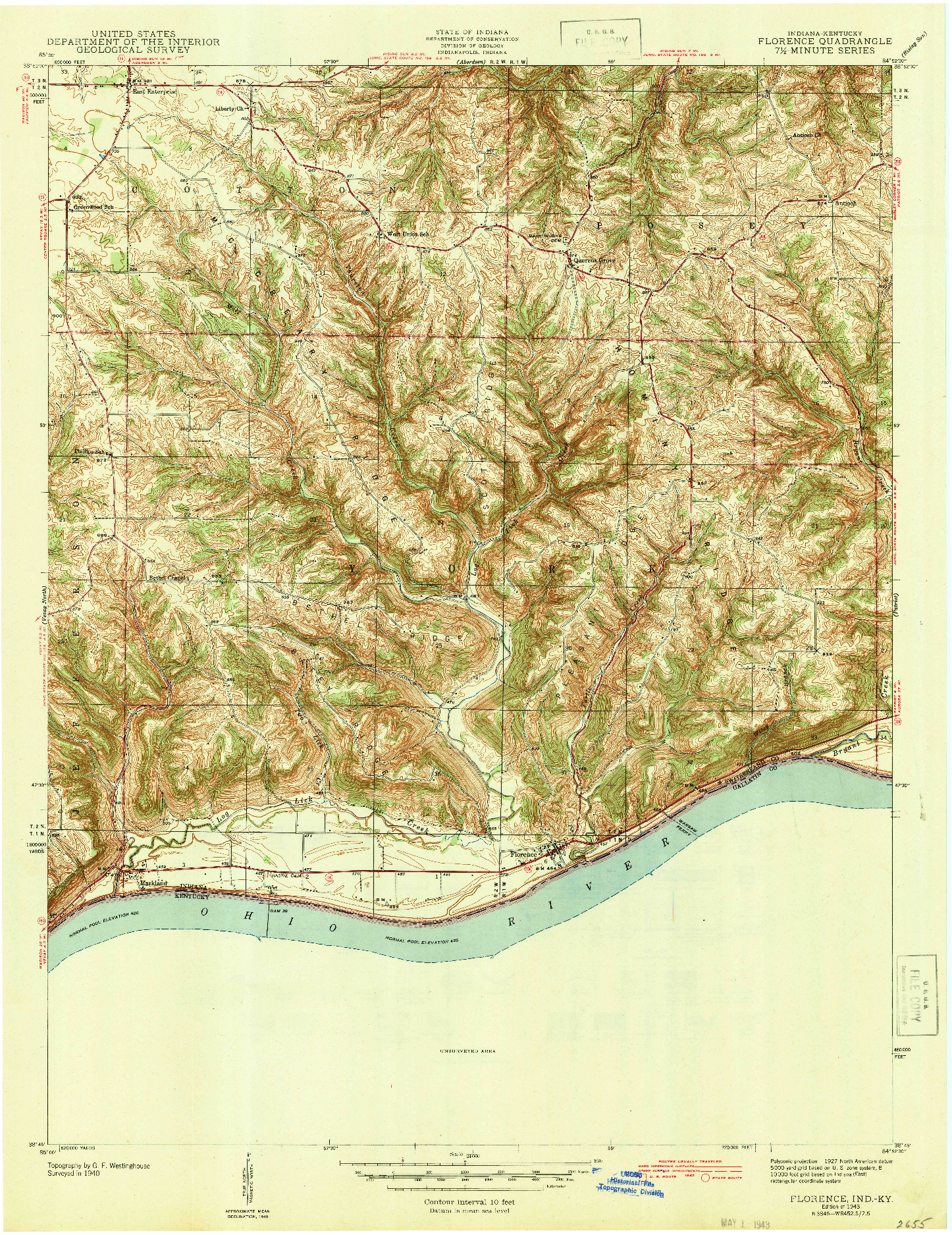 USGS 1:24000-SCALE QUADRANGLE FOR FLORENCE, IN 1943