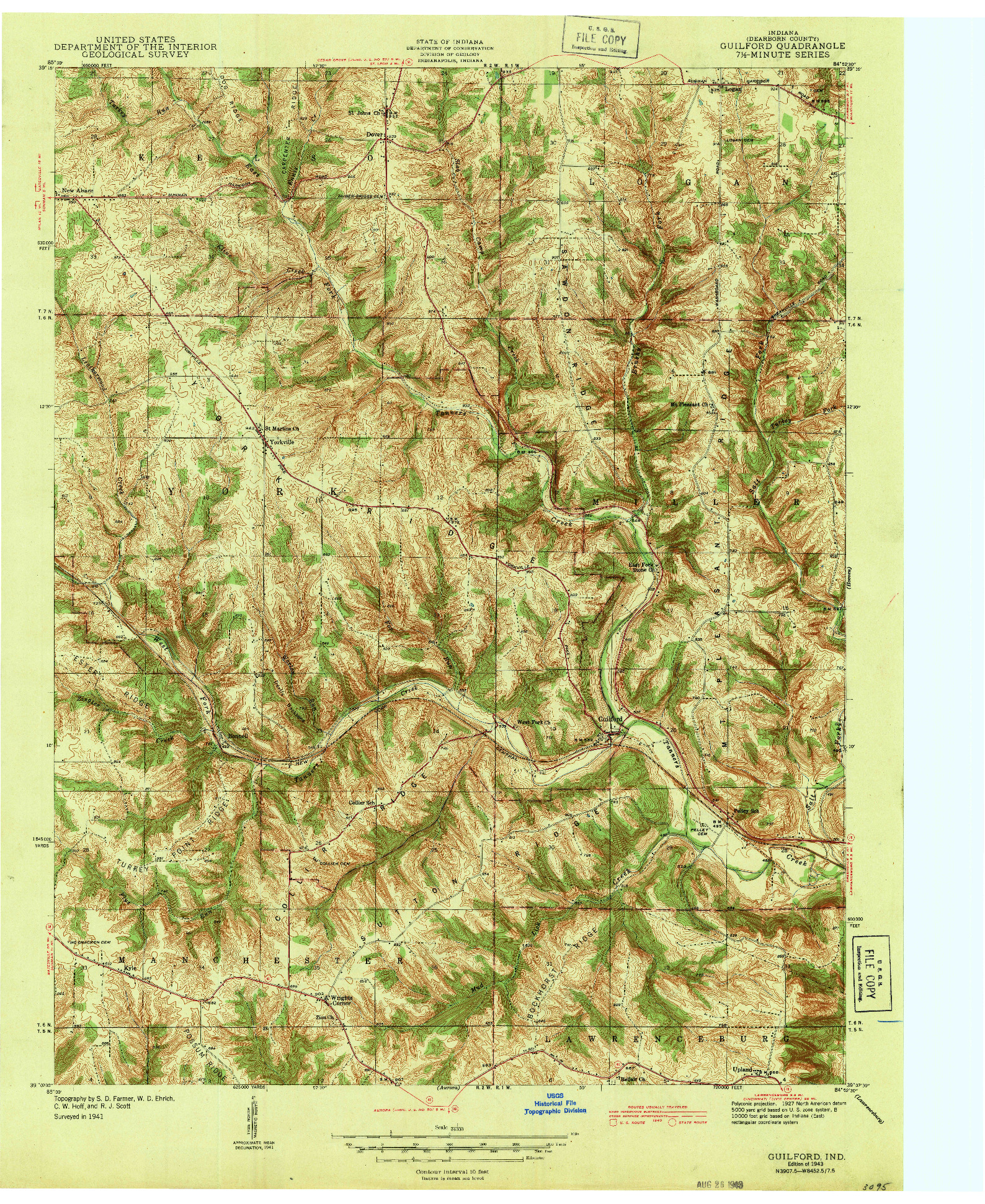 USGS 1:24000-SCALE QUADRANGLE FOR GUILFORD, IN 1943