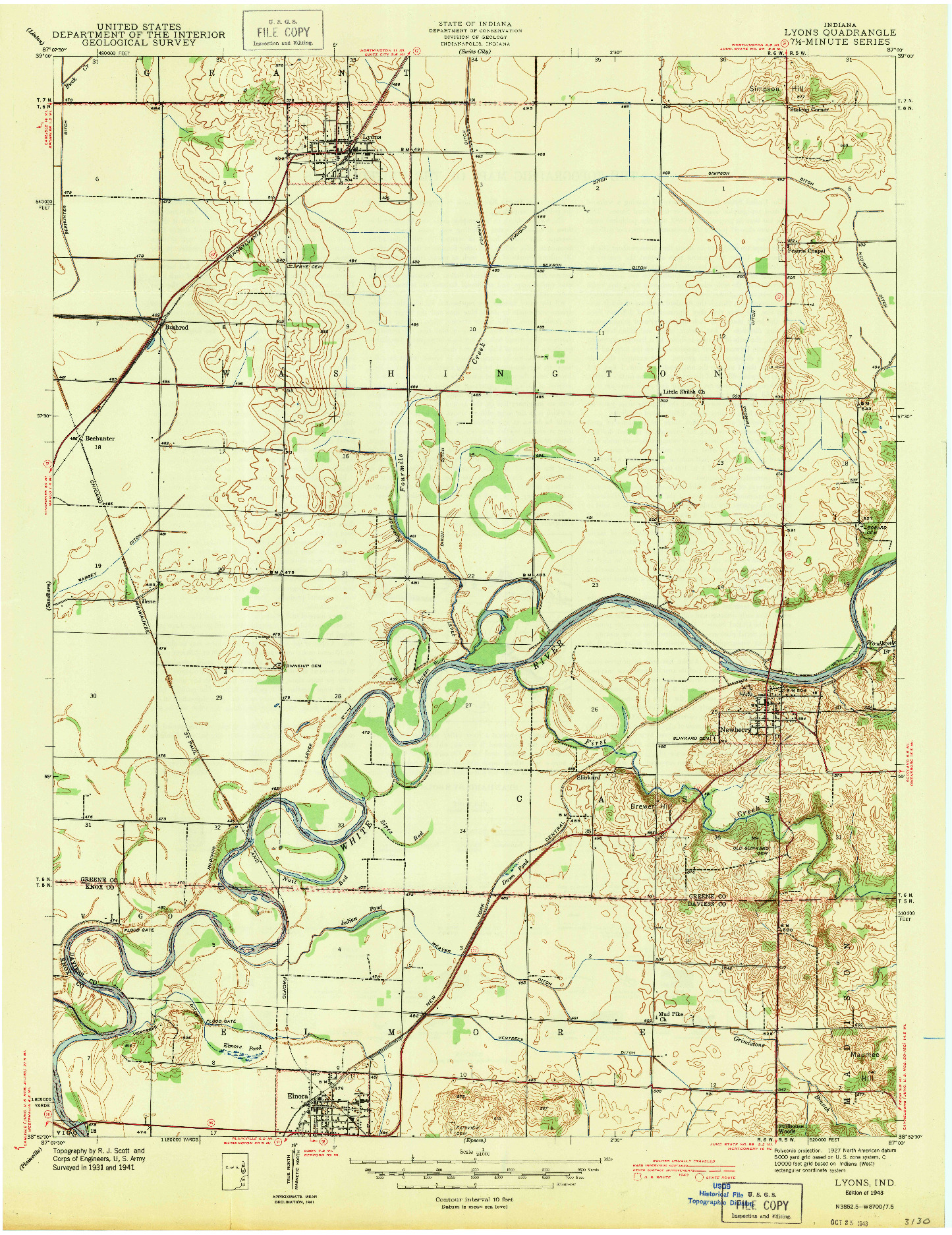 USGS 1:24000-SCALE QUADRANGLE FOR LYONS, IN 1943