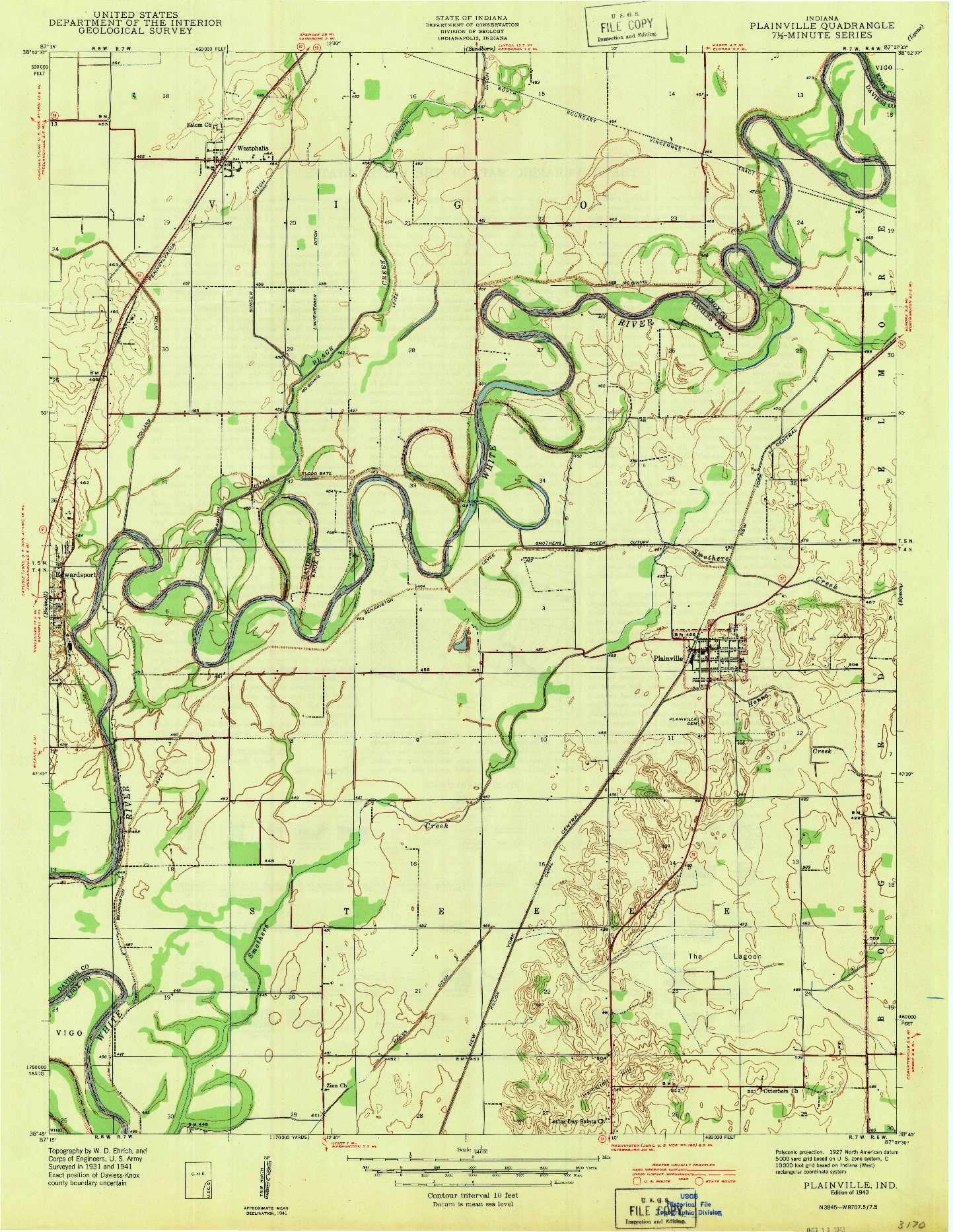 USGS 1:24000-SCALE QUADRANGLE FOR PLAINVILLE, IN 1943