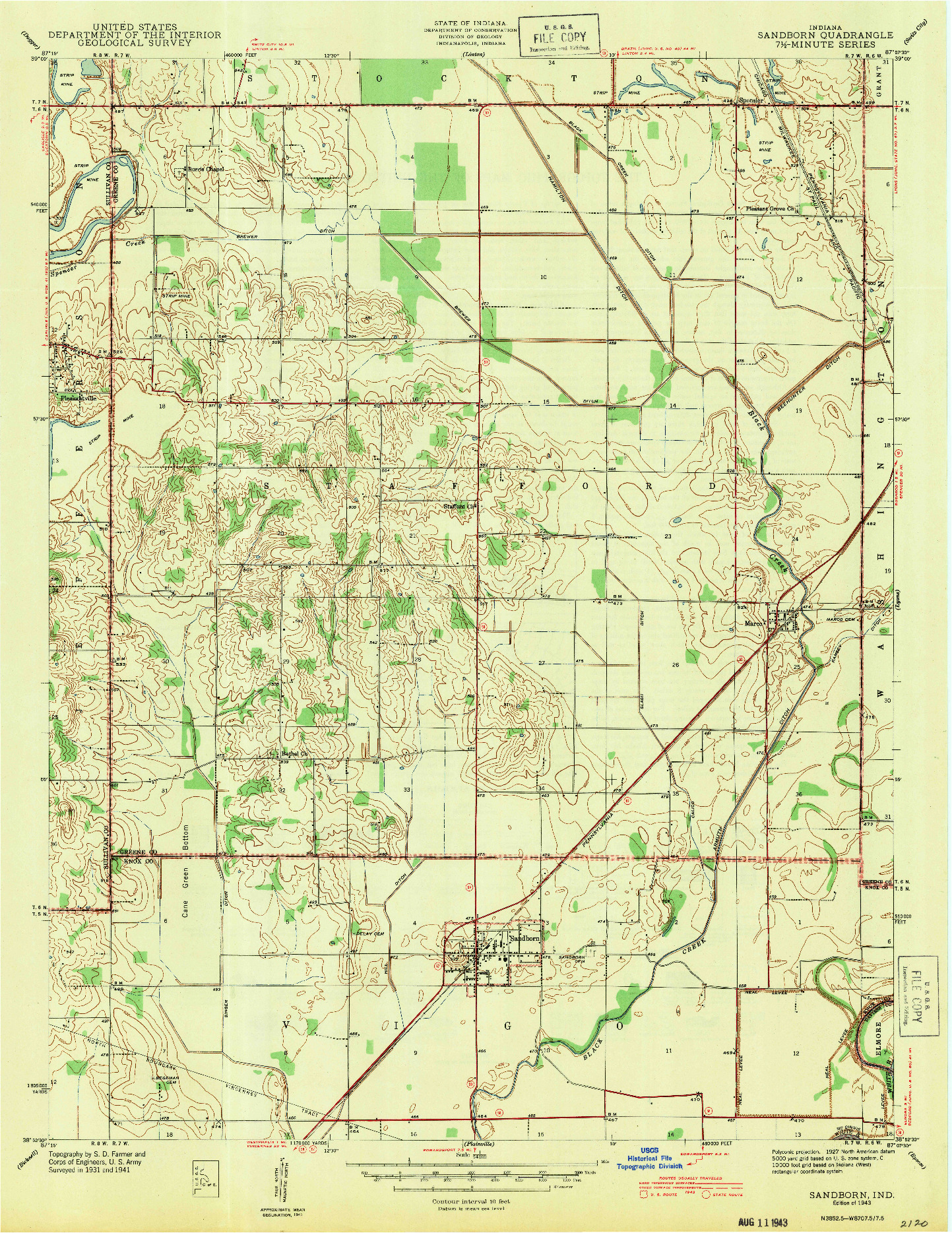 USGS 1:24000-SCALE QUADRANGLE FOR SANDBORN, IN 1943