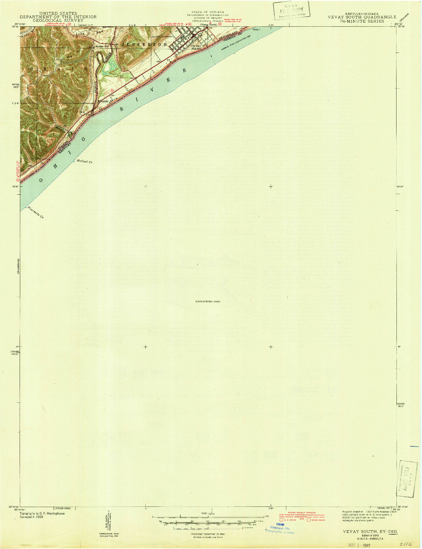 USGS 1:24000-SCALE QUADRANGLE FOR VEVAY SOUTH, IN 1943