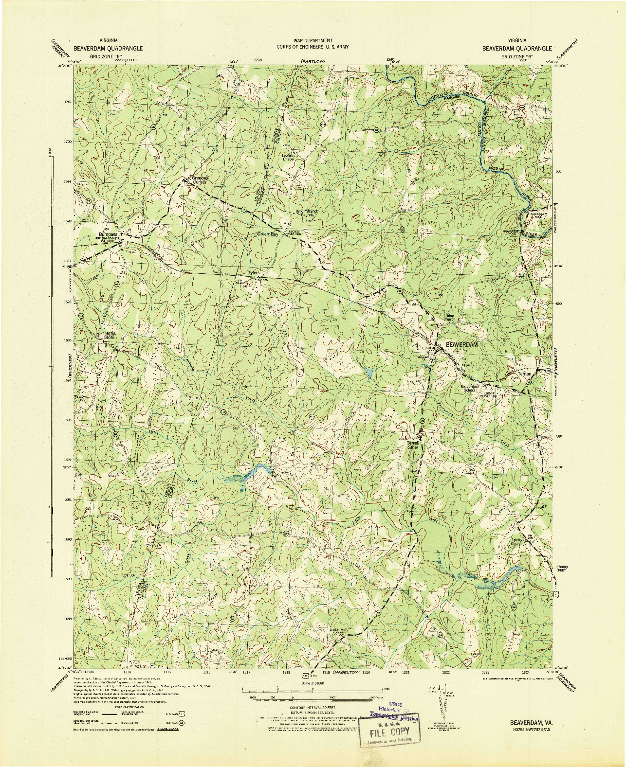 USGS 1:31680-SCALE QUADRANGLE FOR BEAVERDAM, VA 1943