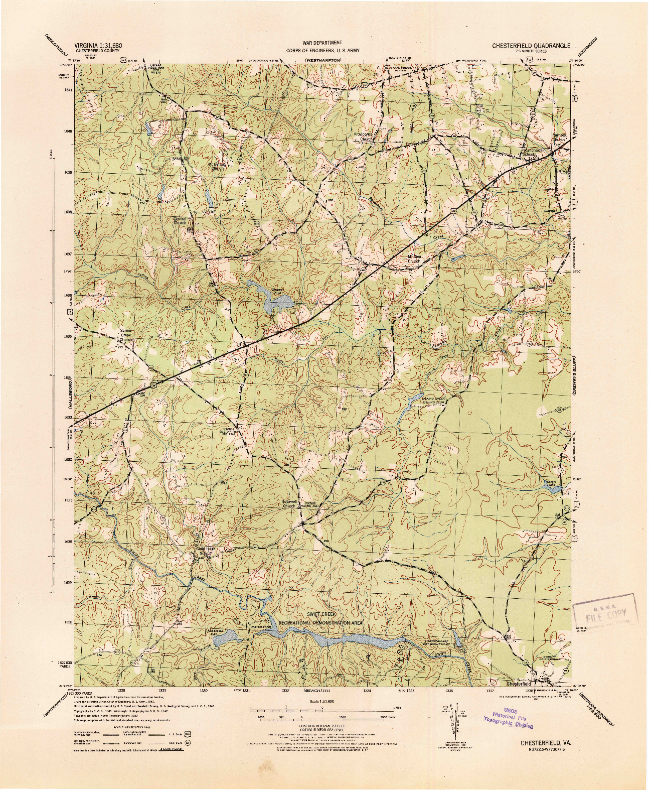 USGS 1:31680-SCALE QUADRANGLE FOR CHESTERFIELD, VA 1943