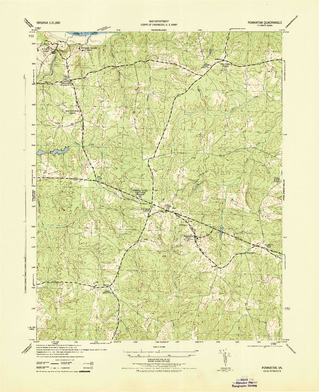 USGS 1:31680-SCALE QUADRANGLE FOR POWHATAN, VA 1943